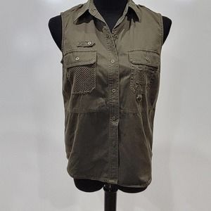 Lauren By Ralph Lauren 90's Vintage Green Khaki Cotton Camp Safari Vest Size-S